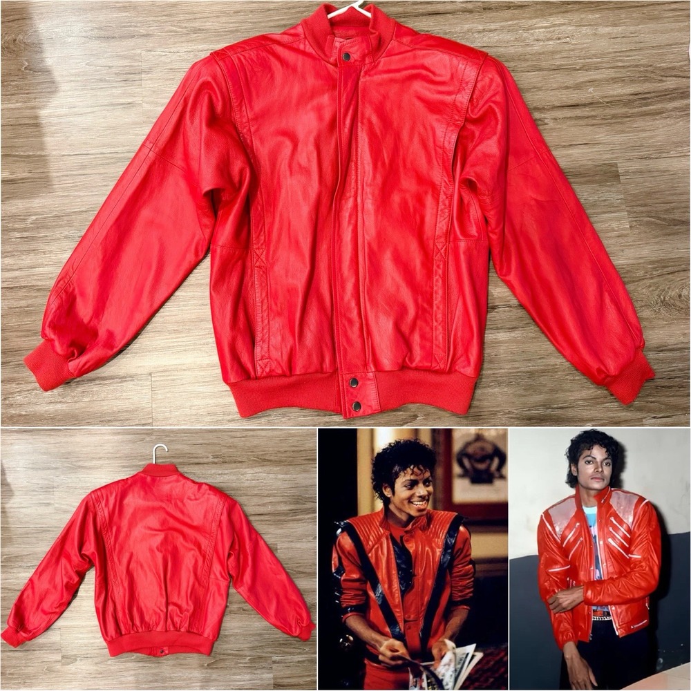 Vintage 1980s Michael Jackson Style Leather Jacket Red Moto Bomber Size Large